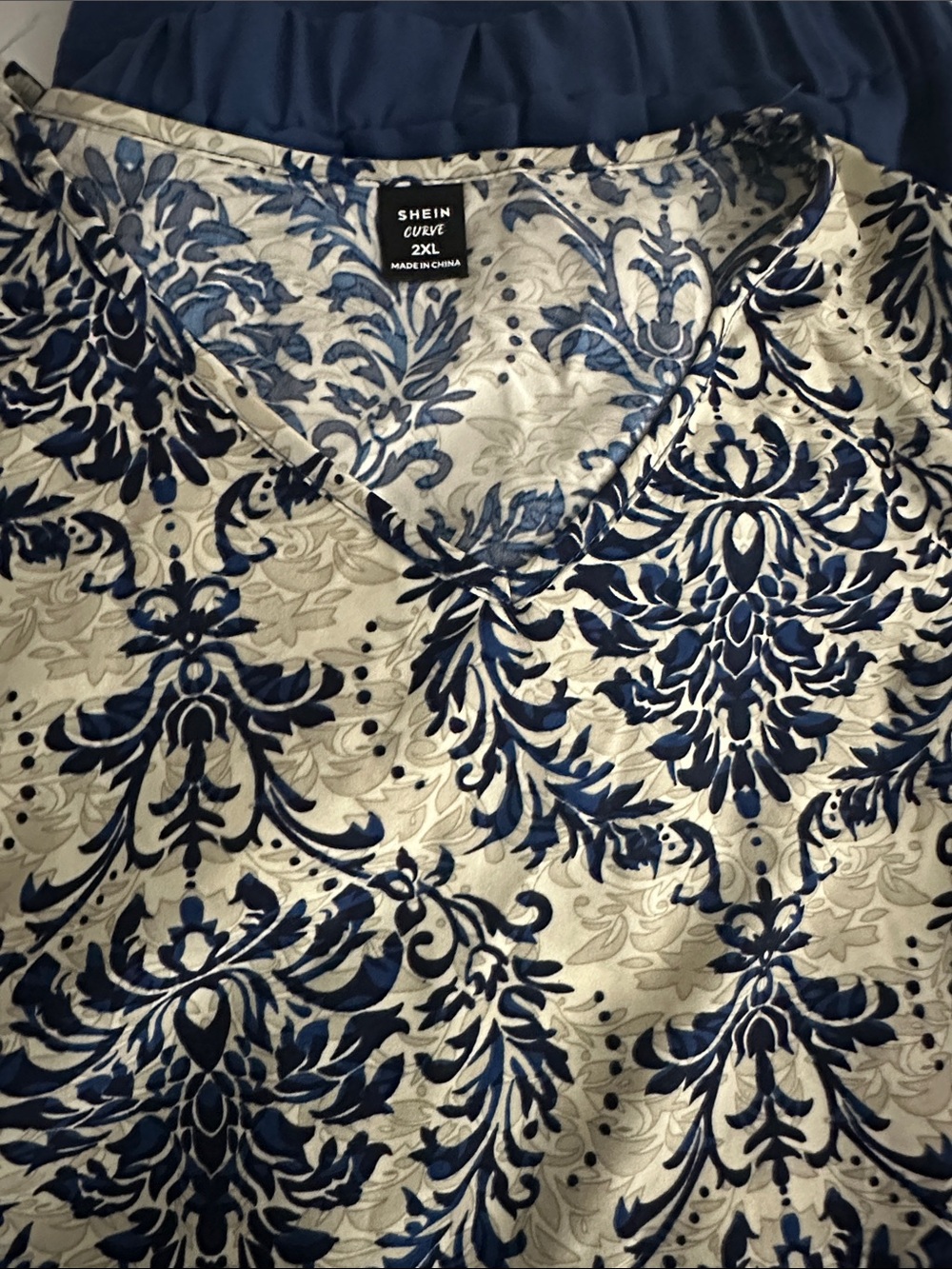 SHEIN Curve Navy & Cream Ornate V-Neck Top